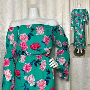 LATOWNE | Flowy Off-Shoulder Seafoam Dress with Pink Flowers | Summer/Spring